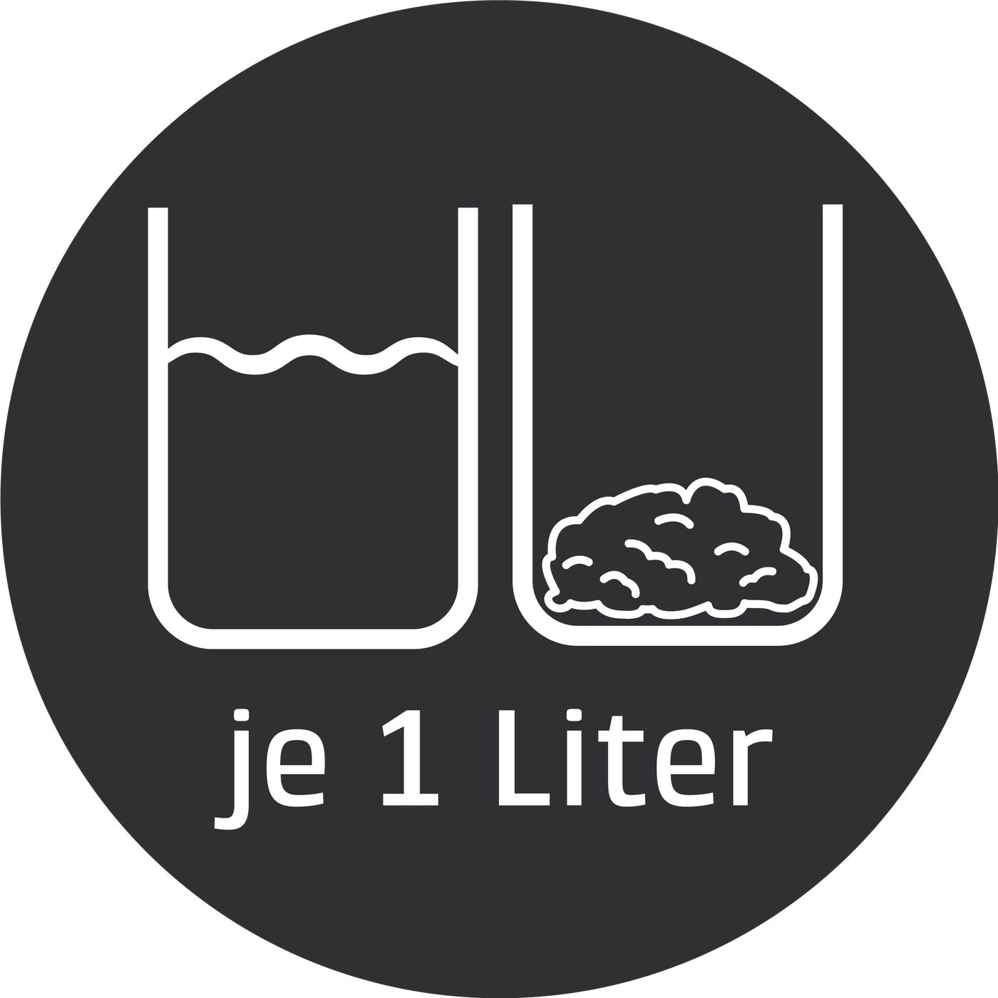 Zwei Becher, einer mit Flüssigkeit, einer mit Feststoff, beide je 1 Liter.