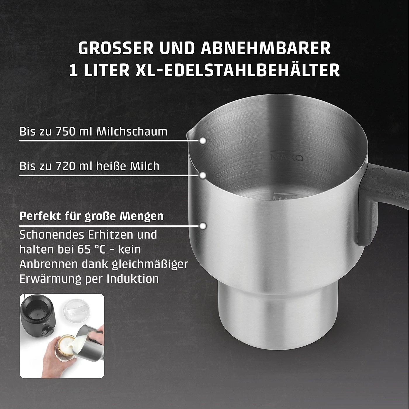 Edelstahlbehälter für Milch, 750ml Milchschaum, 720ml heiße Milch, Induktion