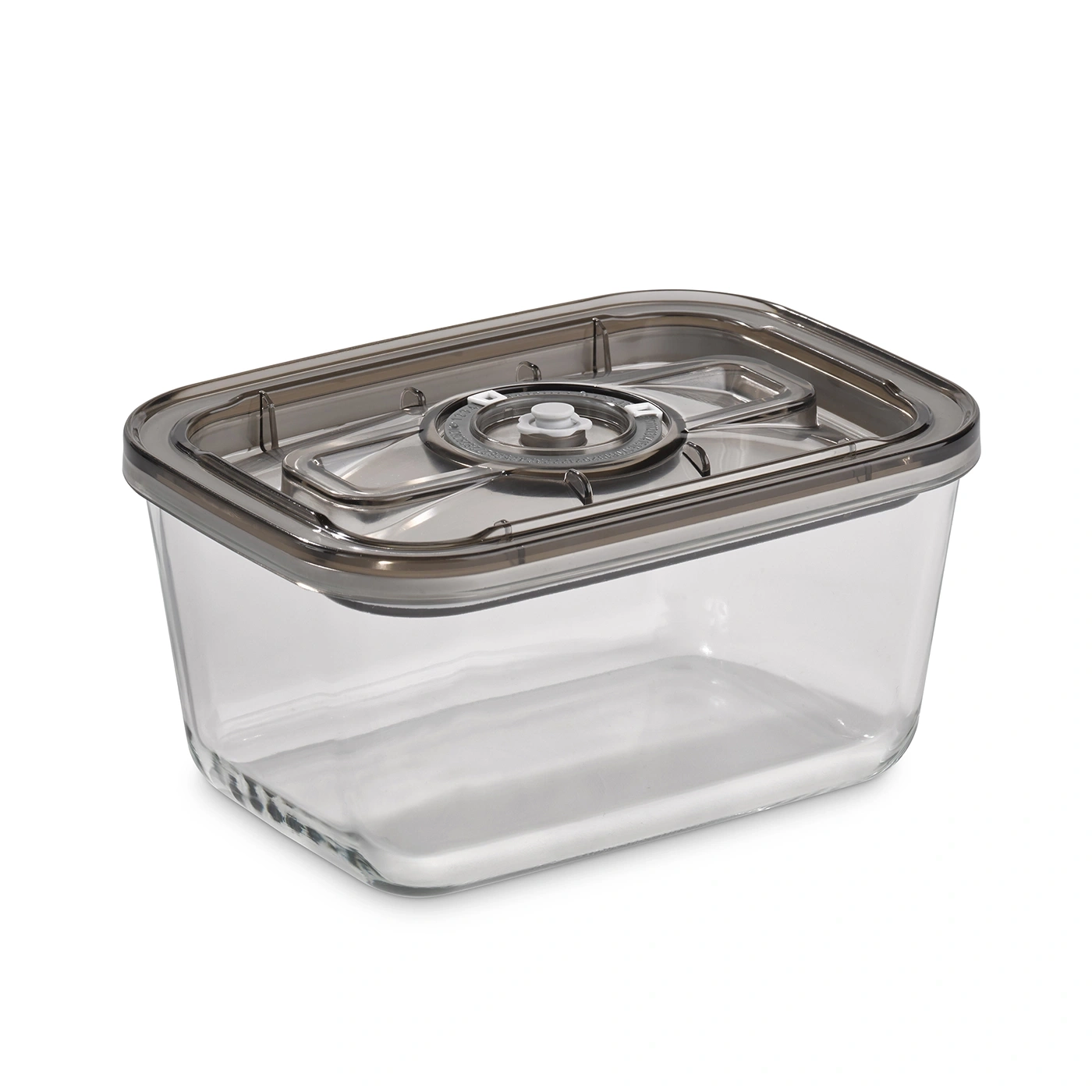 Clear rectangular storage container with gray lid and vacuum seal for food preservation.