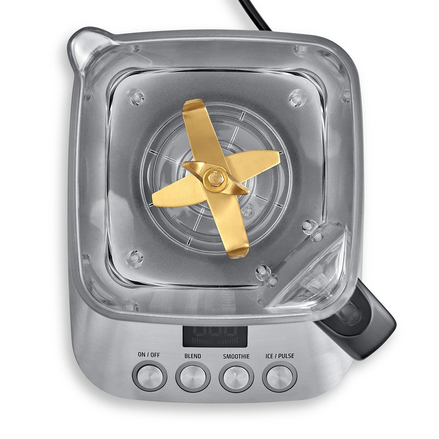 Top view of a blender with gold blades and control buttons