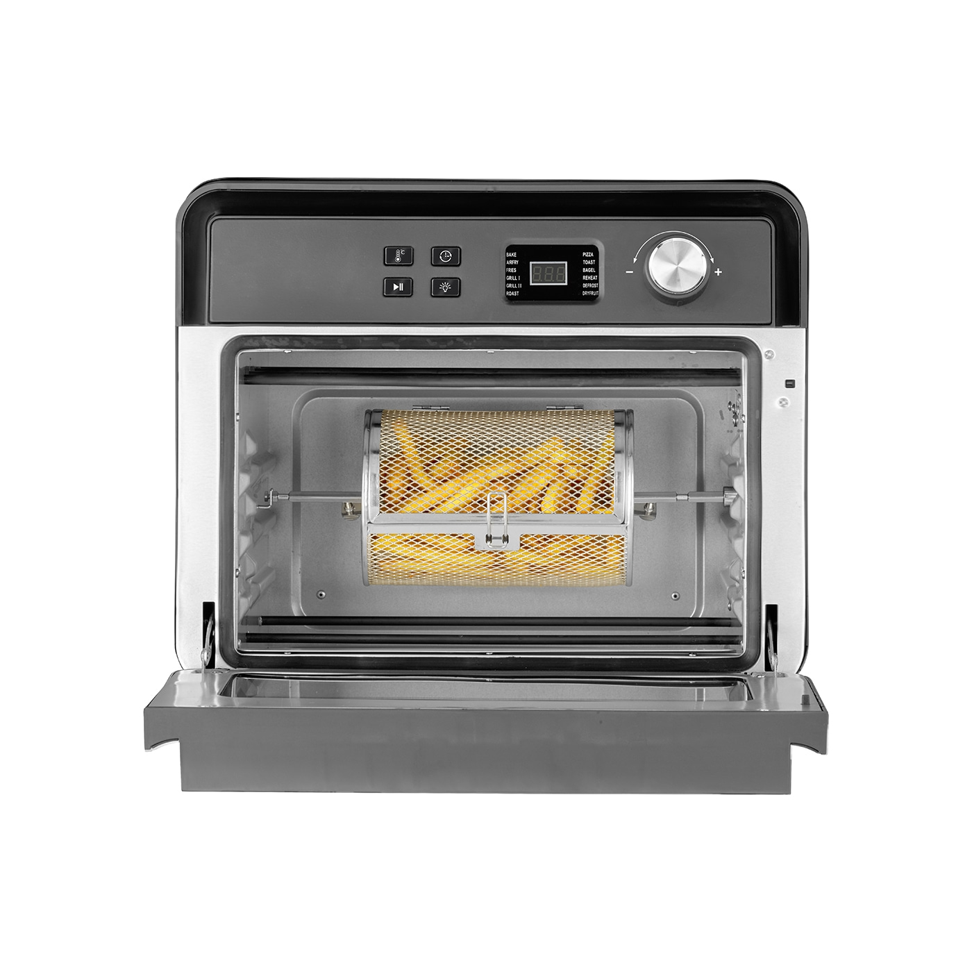 Ein offener Airfryer mit Pommes Frites im Inneren, bereit zum Kochen.
