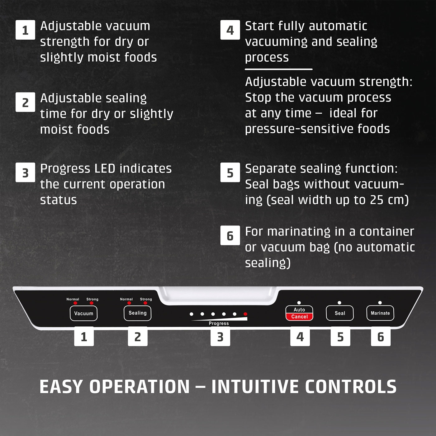 Vacuum sealer with features: vacuum strength, sealing time, progress, start, stop, marinate.