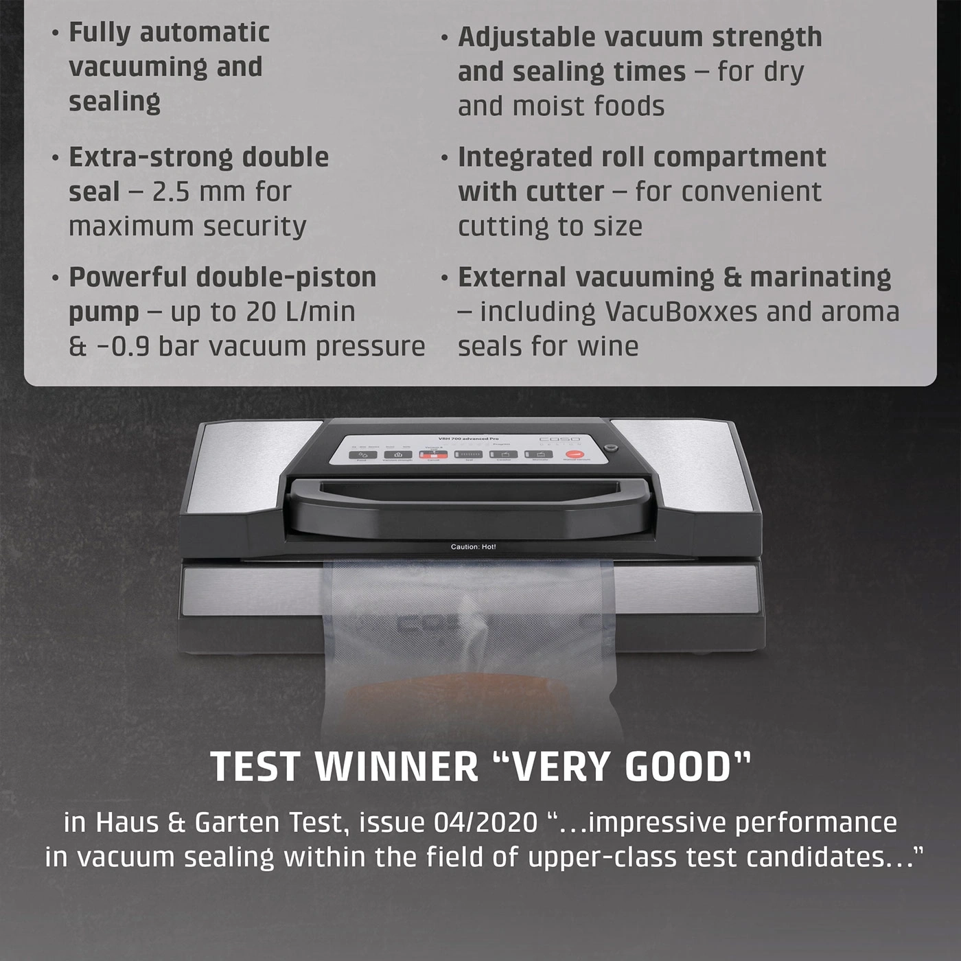 Fully automatic vacuum sealer with double seal and powerful pump.