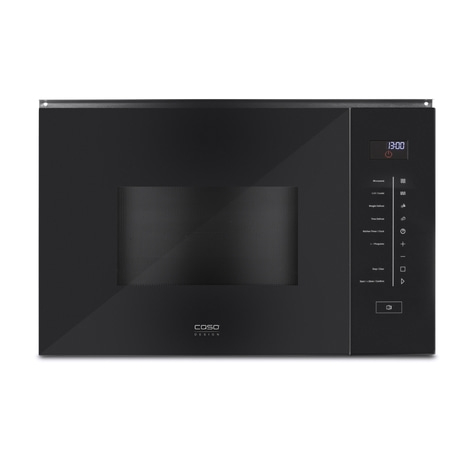 Black microwave with control panel and time display 13:00. COSO Design. Modern kitchen appliance.