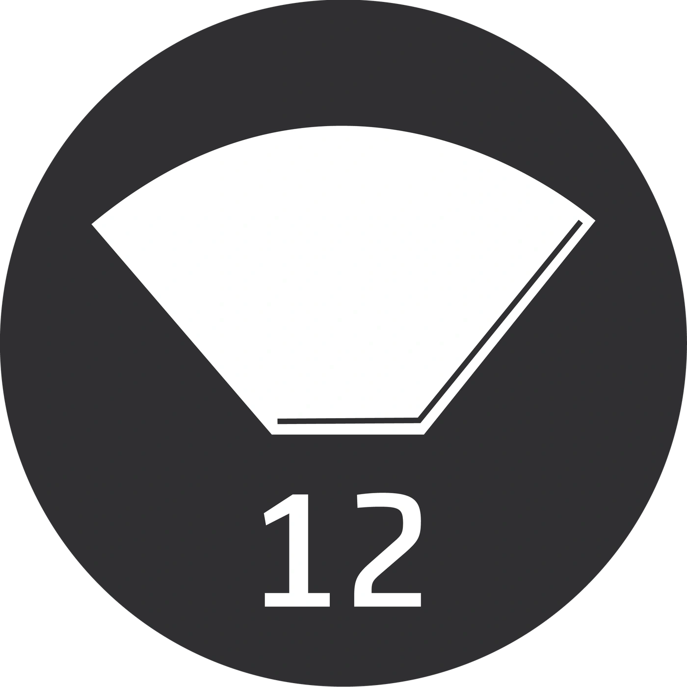 Kaffeefilter-Symbol mit der Zahl 12 in einem dunklen Kreis, weiß auf grau.