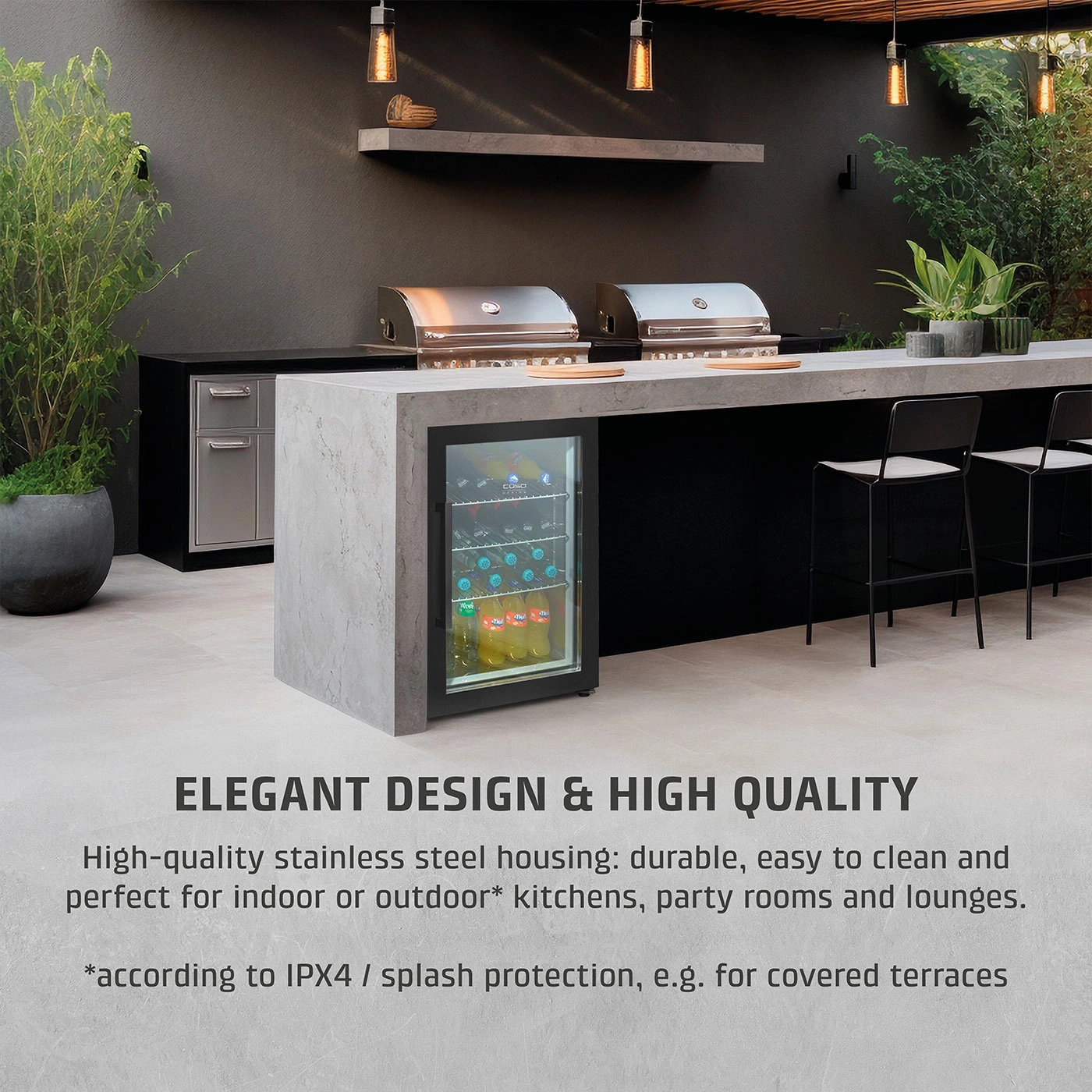 Outdoor kitchen with fridge, grill, and elegant design.