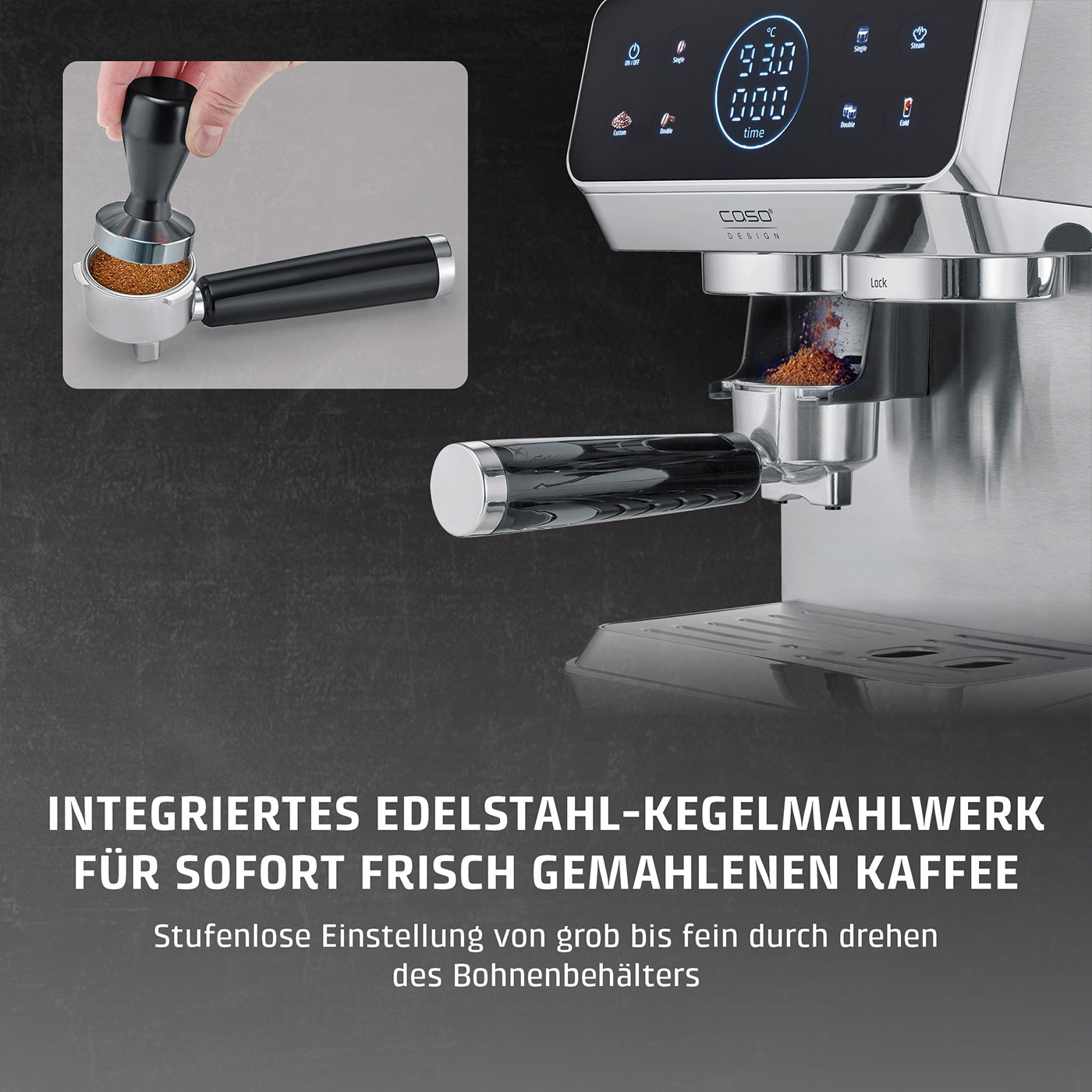 Edelstahl-Kaffeemaschine mit integriertem Mahlwerk und Siebträger