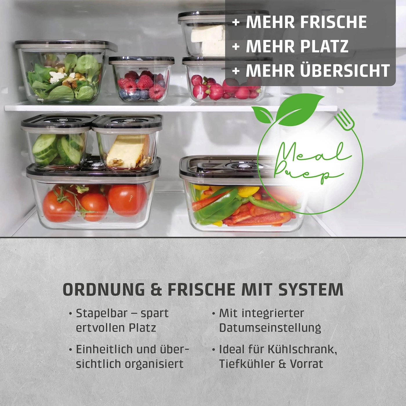 Mehr Frische, mehr Platz und mehr Übersicht mit Meal Prep Behältern im Kühlschrank.