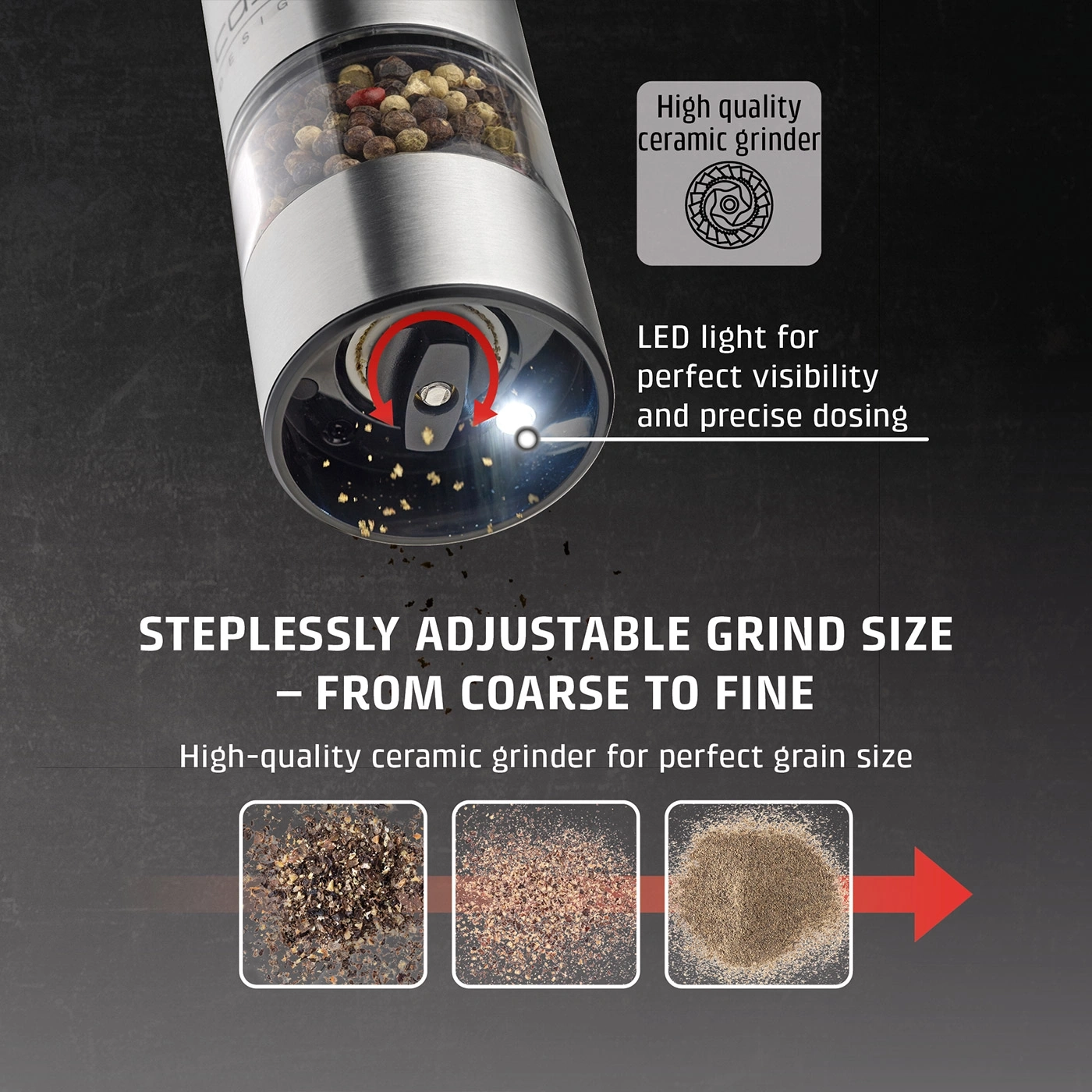 Pepper mill with ceramic grinder and LED light, infinitely adjustable from coarse to fine.