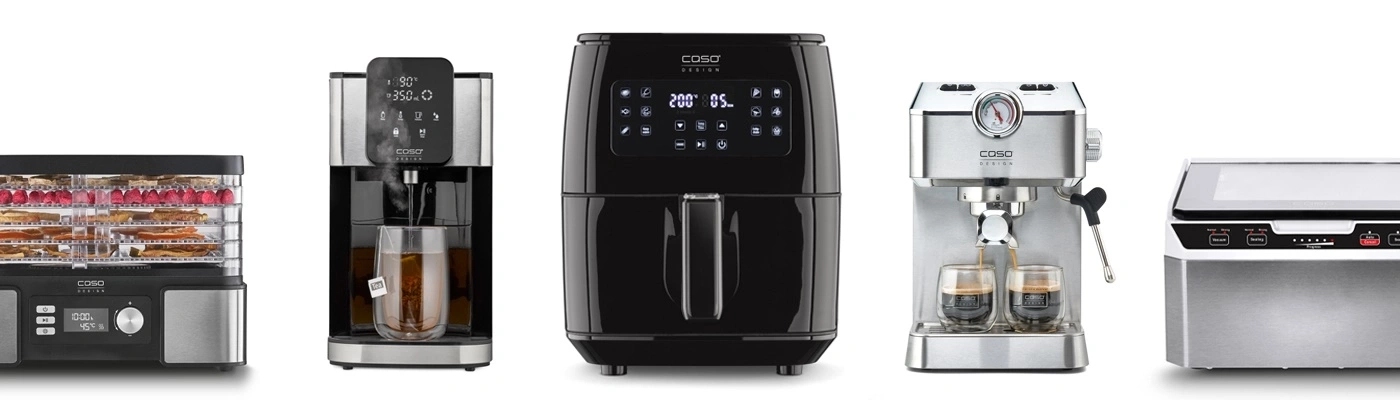 Various kitchen appliances, including a dehydrator, coffee machine, and air fryer, are displayed.