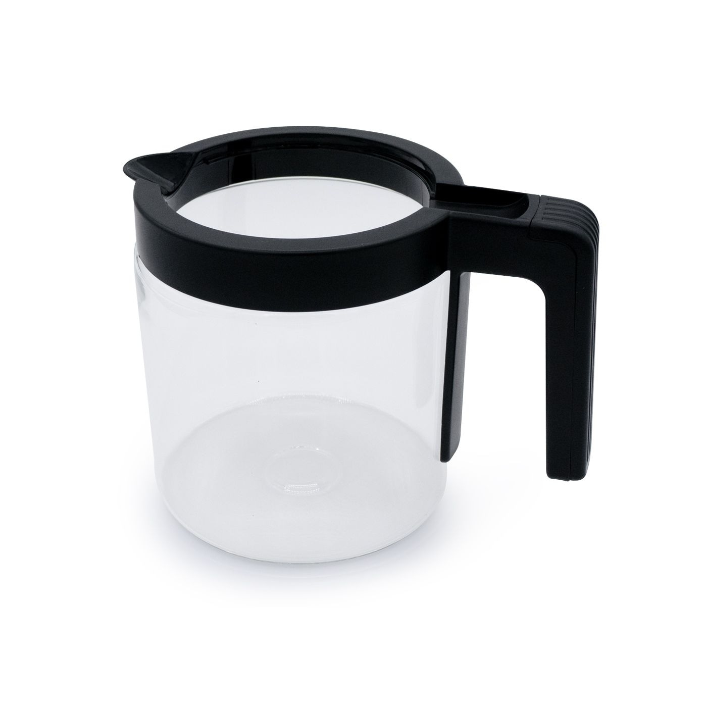 Kaffeekanne aus Glas mit schwarzem Griff und Deckel, isoliert auf weißem Hintergrund