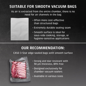 Product advertisement for smooth bags, ideal for sous-vide and storage, with recommendation.
