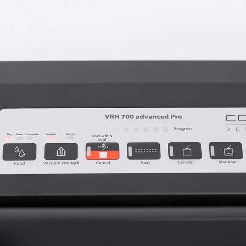 Vacuum sealer with buttons for food, vacuum strength, cancel, seal, canister, and marinate options.