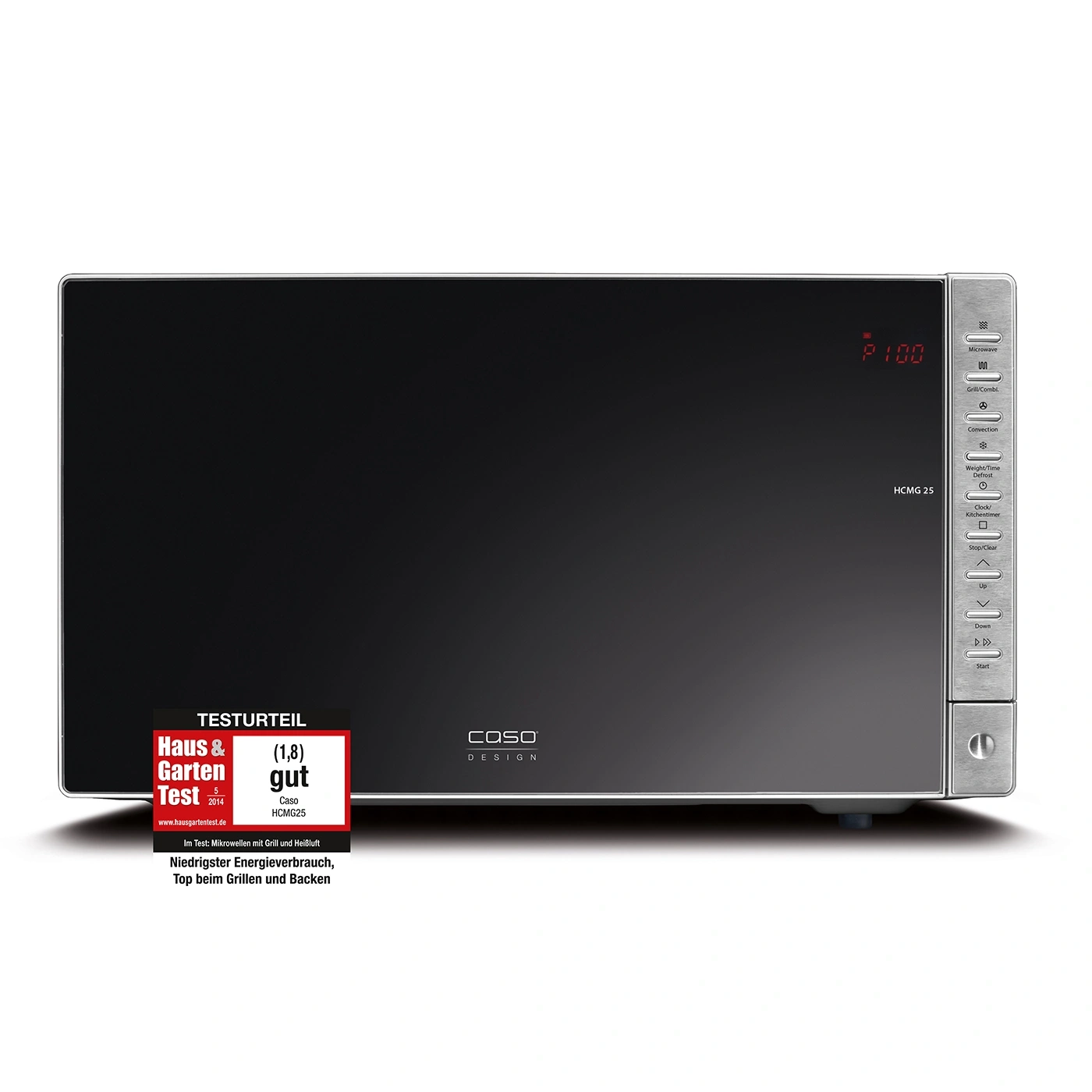 Microwave with test result, Caso HCMG25, good rating, energy consumption, grilling and baking.