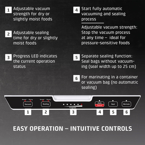 Vacuum sealer with features: vacuum strength, sealing time, progress, start, stop, marinate.