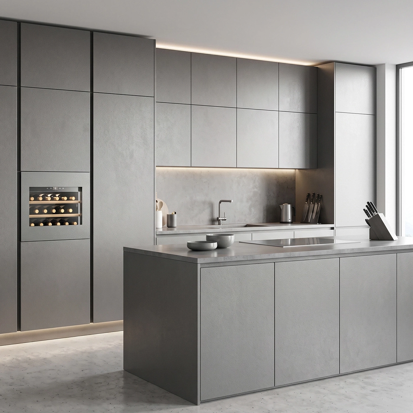 Modern gray kitchen with wine cooler and island.