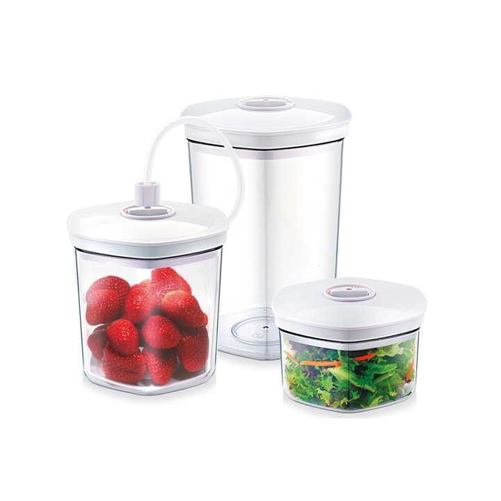 Vakuumbehälter mit Erdbeeren und Salat, weißer Deckel, transparent
