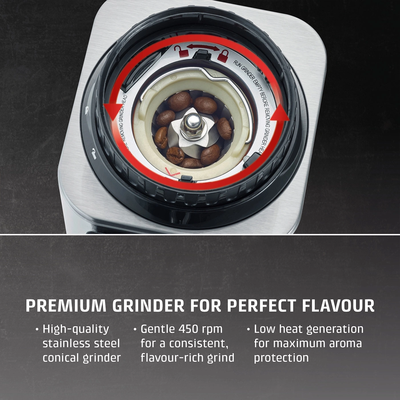 Coffee grinder with coffee beans and grinding mechanism details