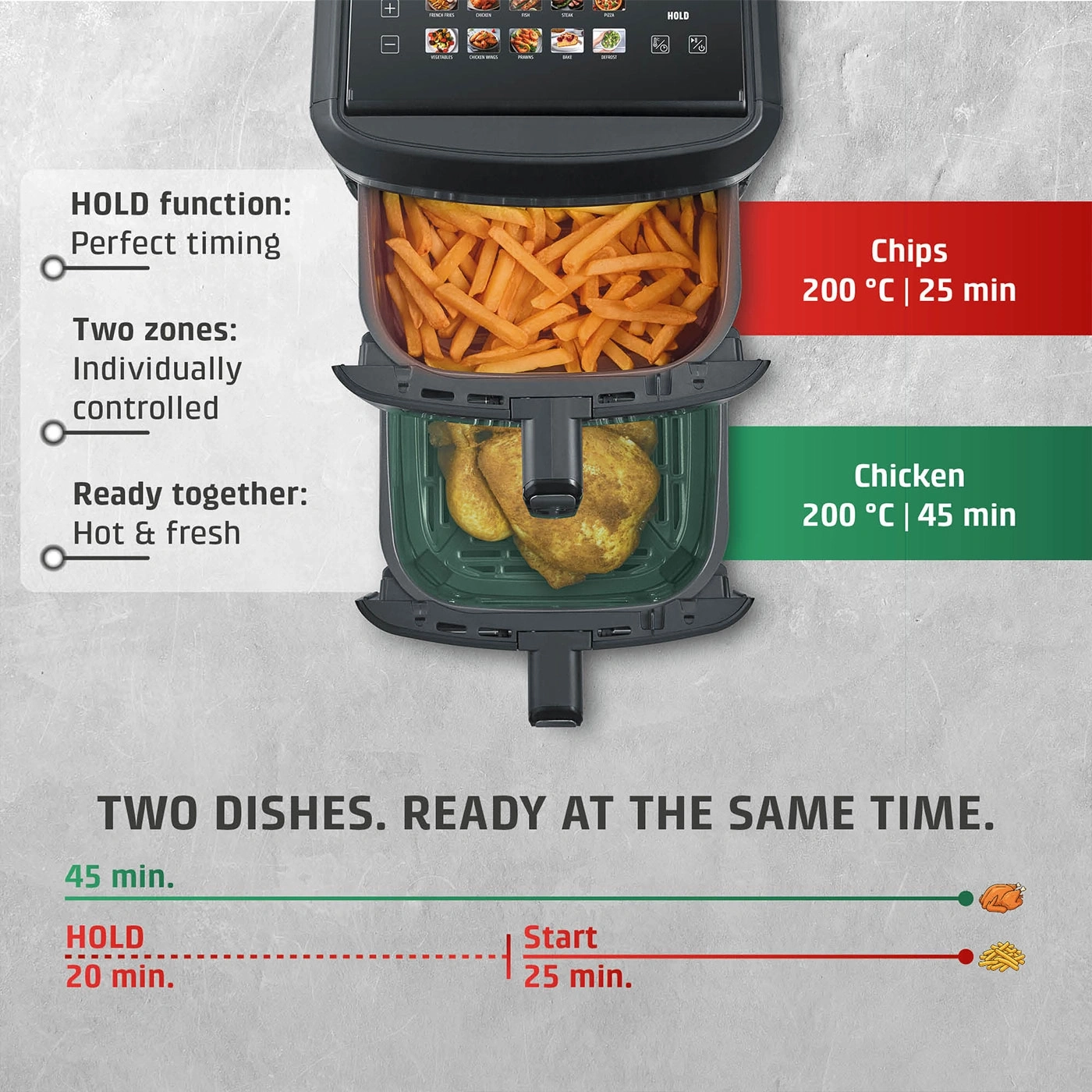 Dual-basket air fryer for simultaneous cooking of fries and chicken.