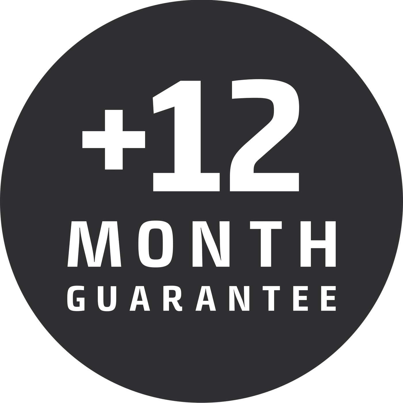 Circular logo with '+12' and 'MONTH GUARANTEE' in white on a gray background
