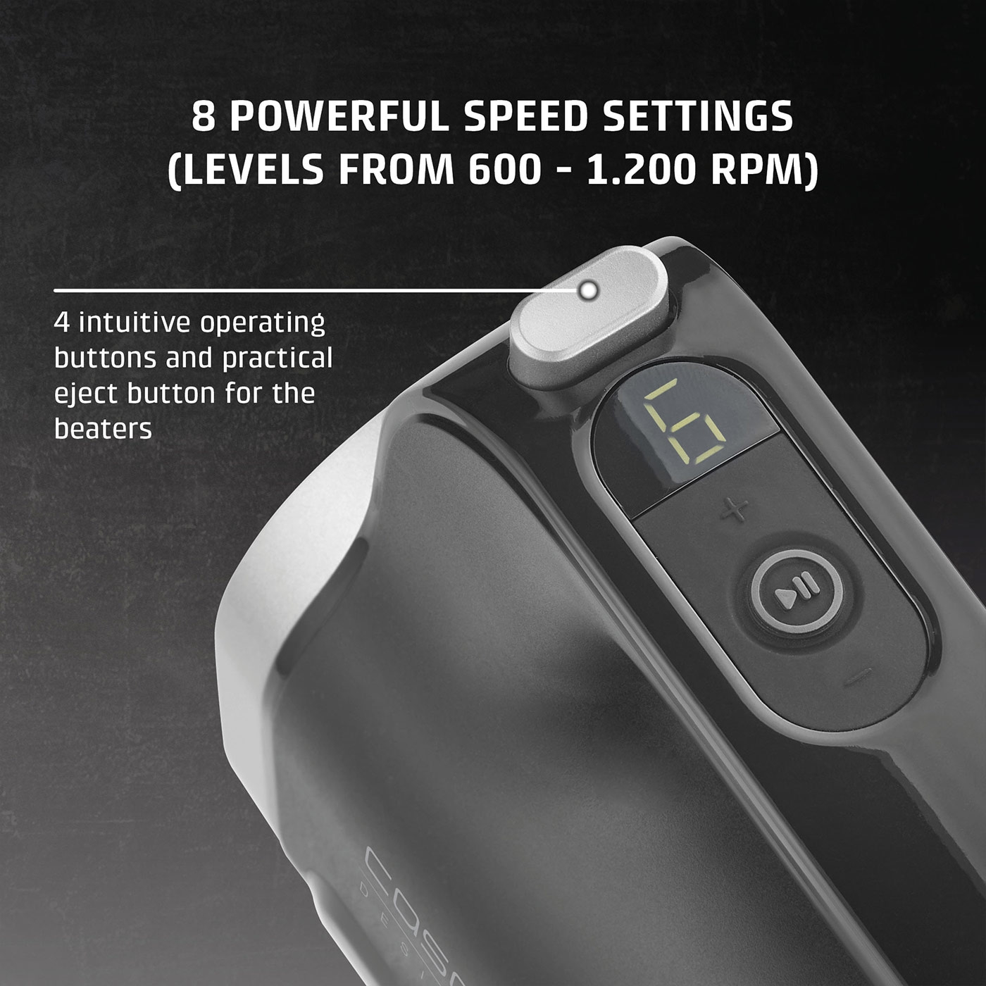 Product with control panel, speed settings, and text information.