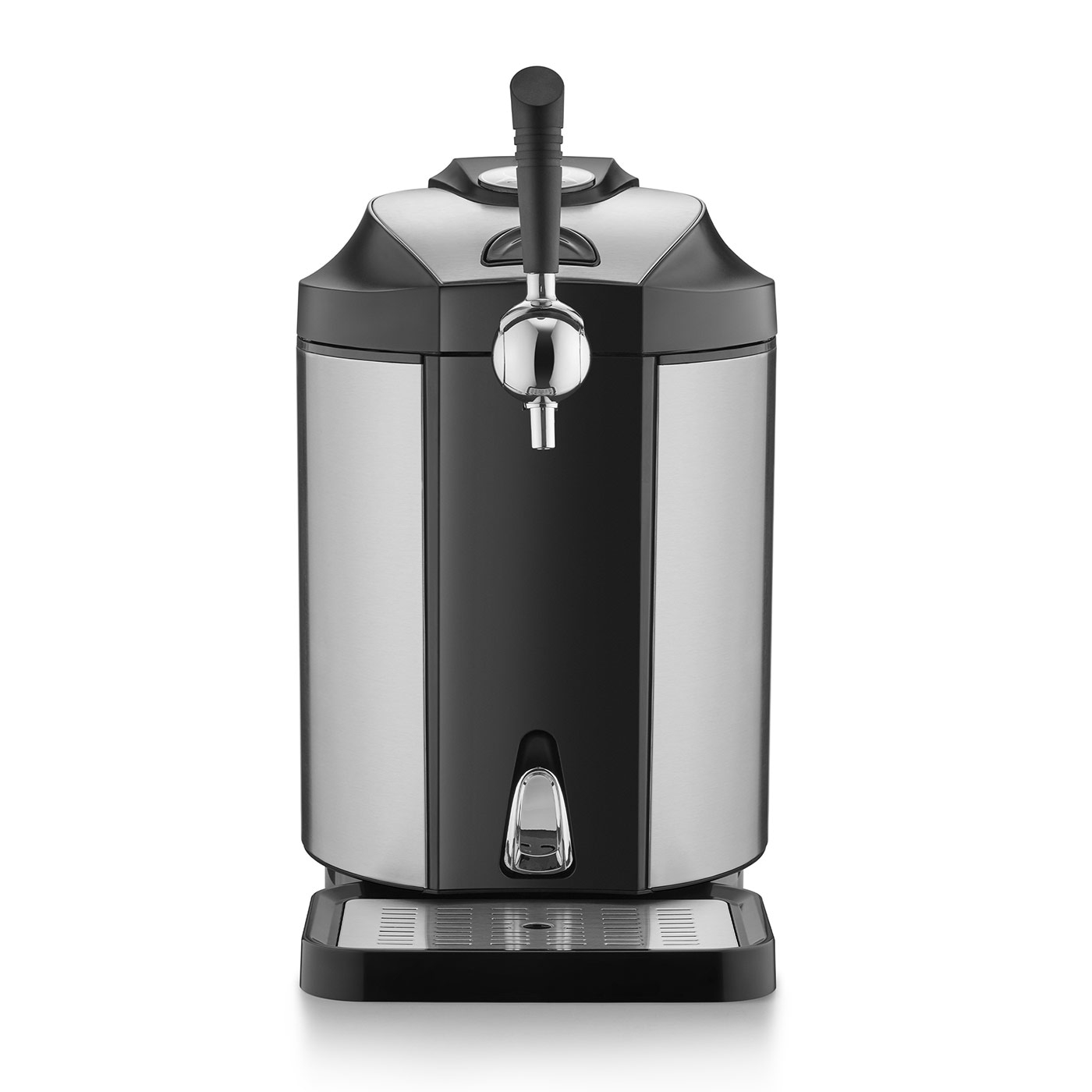 Beer cooler with tap, stainless steel and black design, for home use