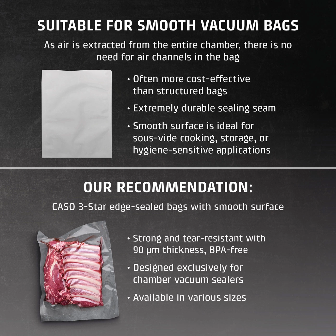Smooth bag for vacuum sealers, ideal for sous-vide and storage.