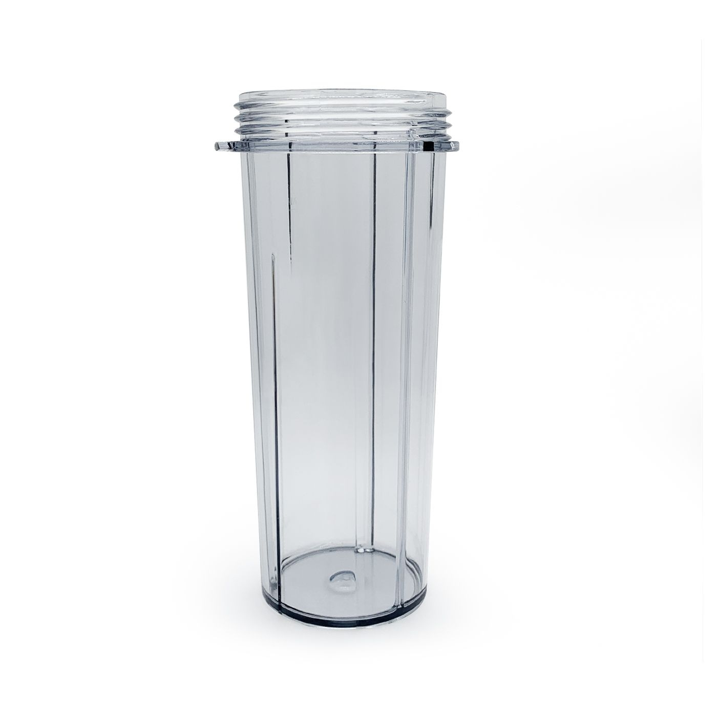 Transparenter Becher mit Gewinde und Griff, isoliert auf weißem Hintergrund