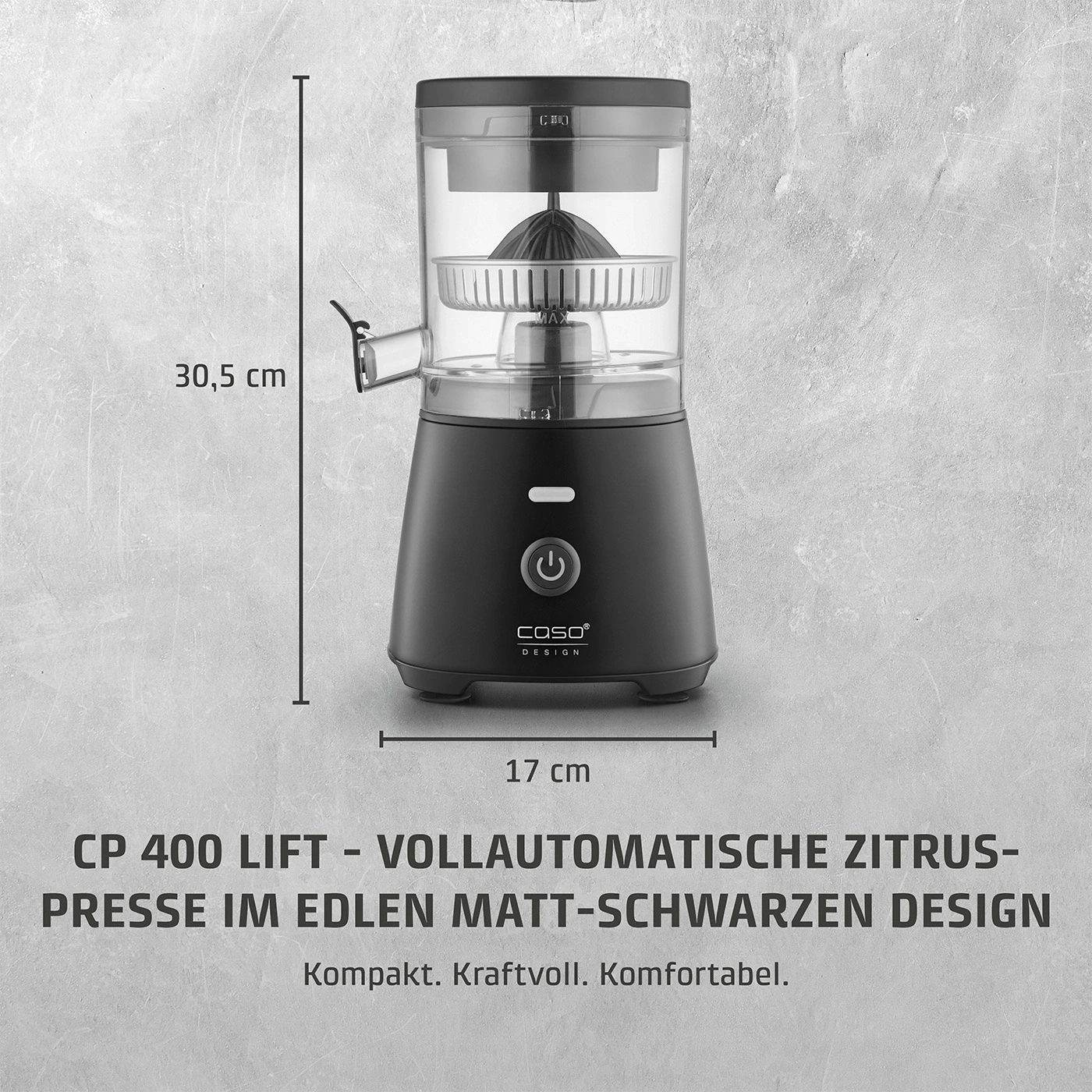 Zitruspresse, schwarz, 30,5 cm hoch, 17 cm breit, CP 400 LIFT, Caso Design, kompakt, kraftvoll, komfortabel.