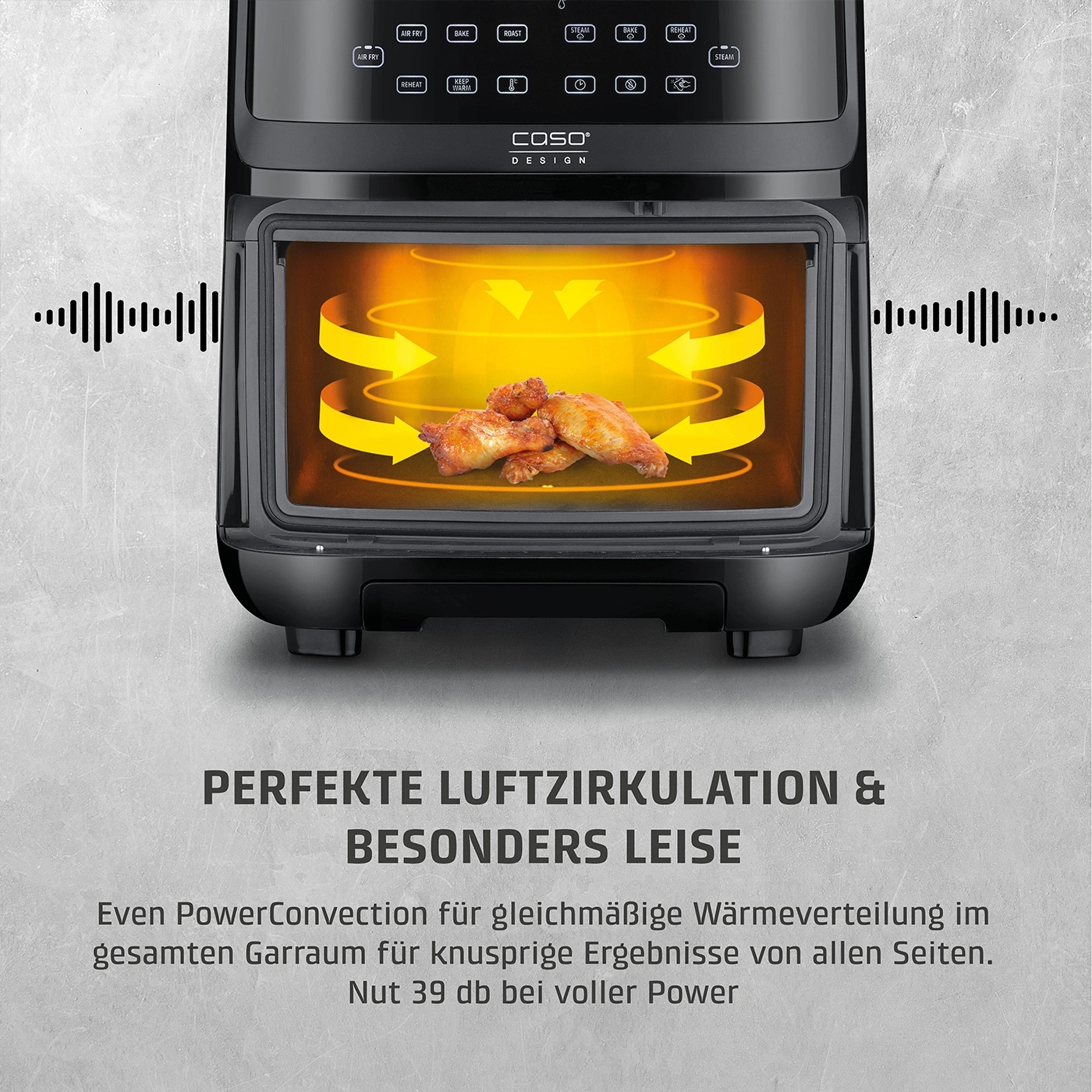 Airfryer mit Hähnchenflügeln, perfekte Luftzirkulation, leise, PowerConvection, knusprige Ergebnisse.