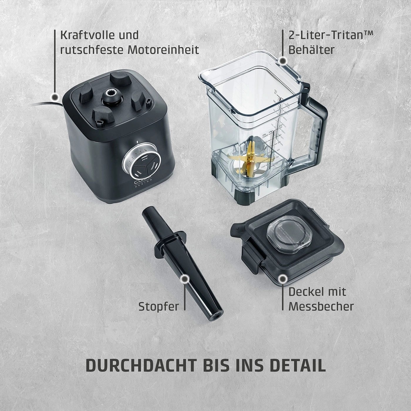 Blender mit Motorbasis, Behälter, Deckel und Stopfer