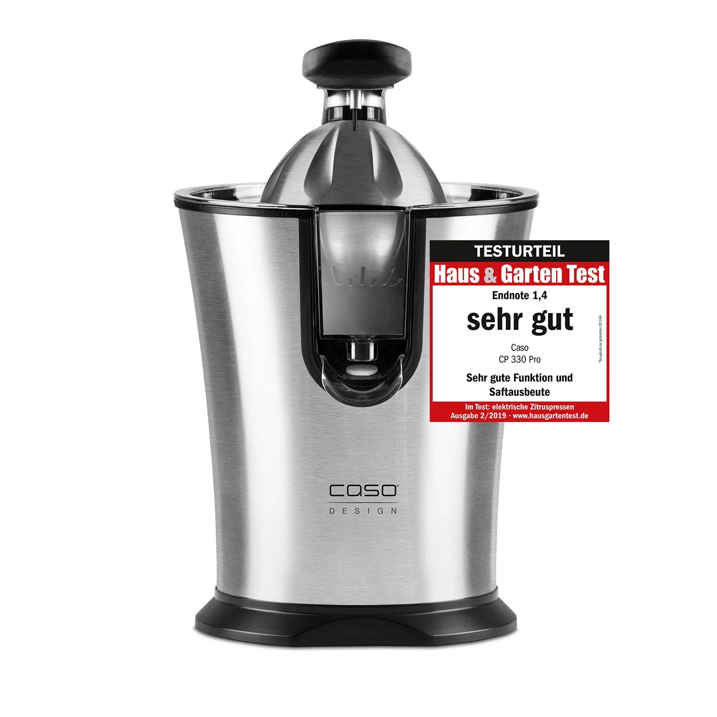 Caso CP 330 Pro Zitruspresse mit Testurteil 'sehr gut' von Haus & Garten Test.