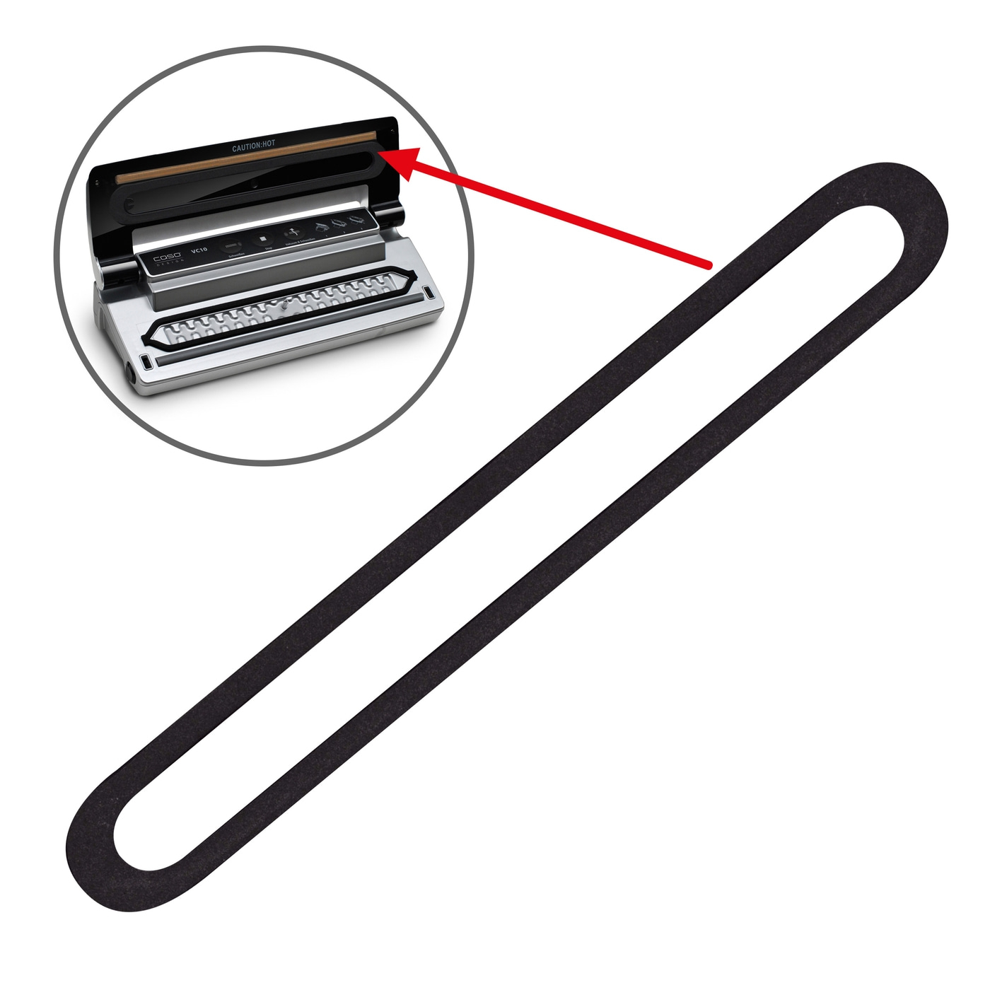 Gasket for vacuum sealer, black rubber, close-up, isolated on white background
