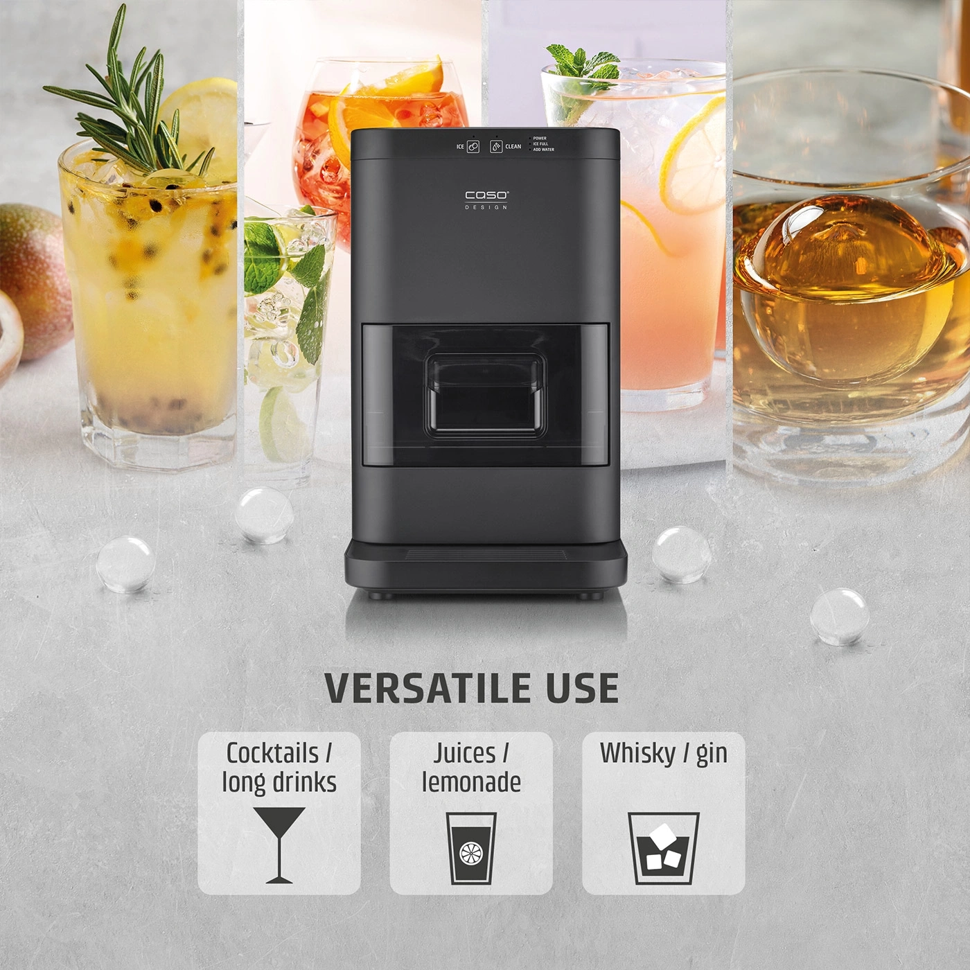 Ice maker with cocktails, lemonades, and whisky in use.