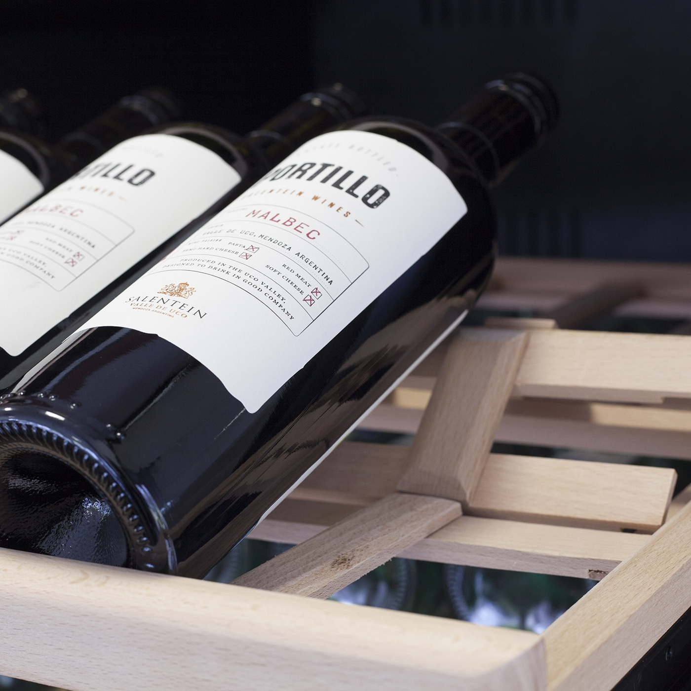 Wein, Flaschen, Malbec, Salentein, Mendoza, Argentinien, Holzregal, Nahaufnahme, Etikett, Getränk