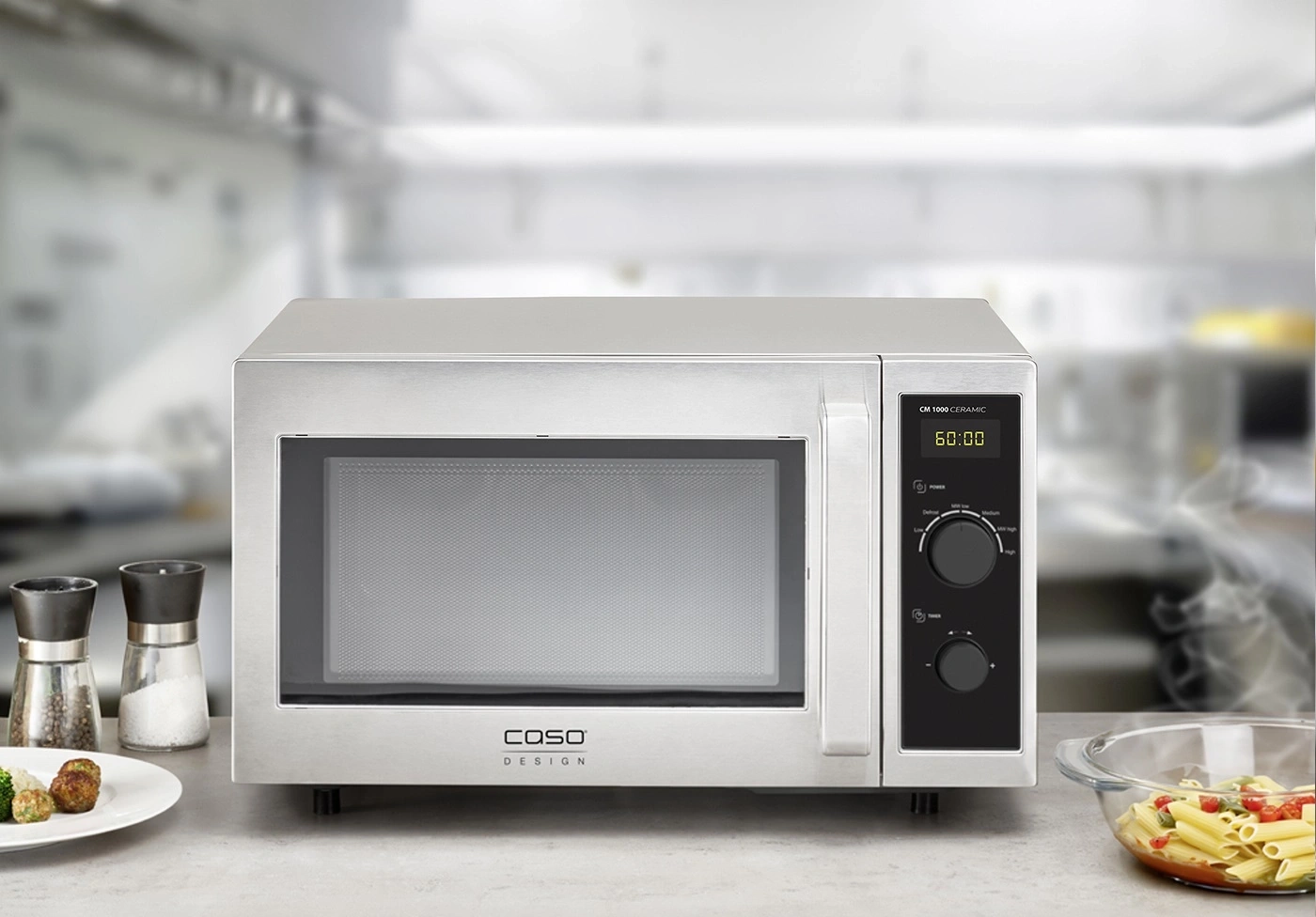 Microwave with food and spices on a table in the kitchen setting