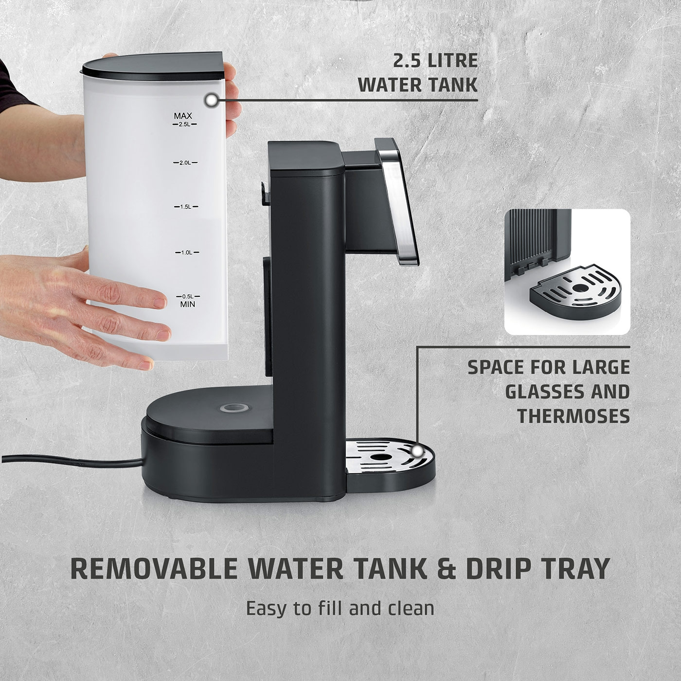 Coffee machine with removable water tank, space for large glasses and thermal mugs.