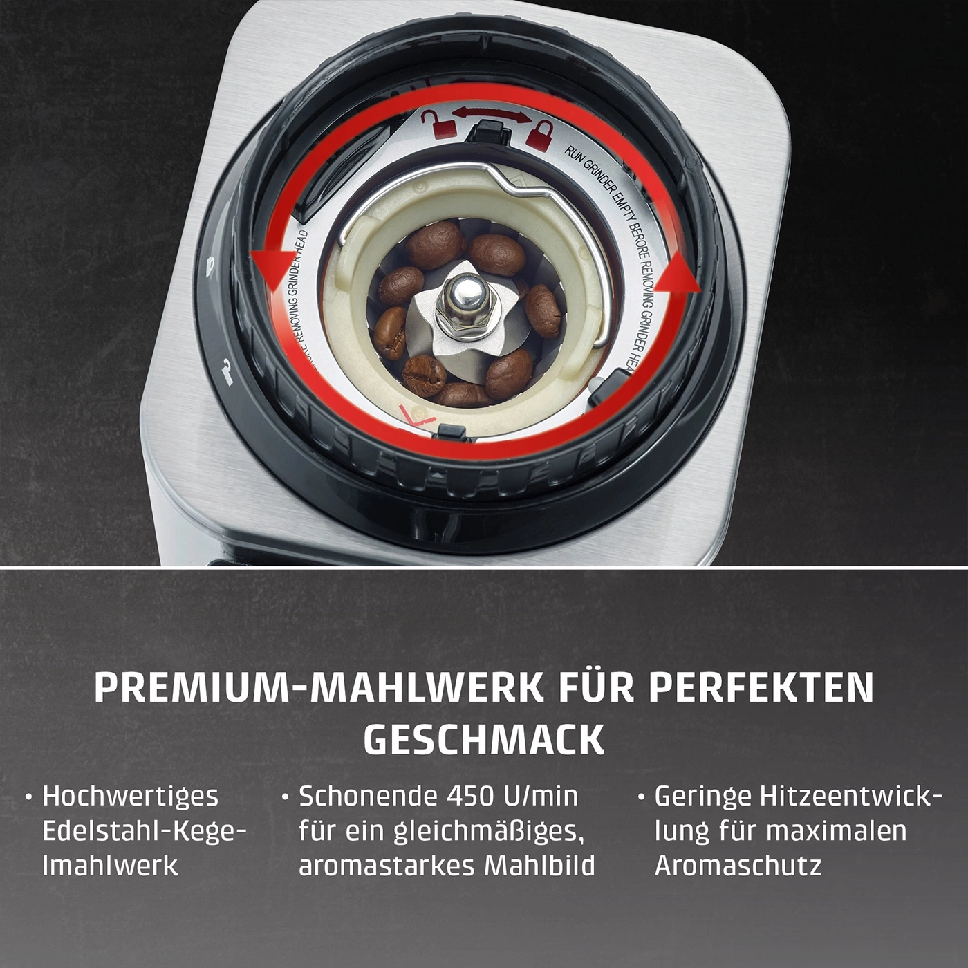 Kaffeemühle mit Kaffeebohnen und Mahlwerkdetails