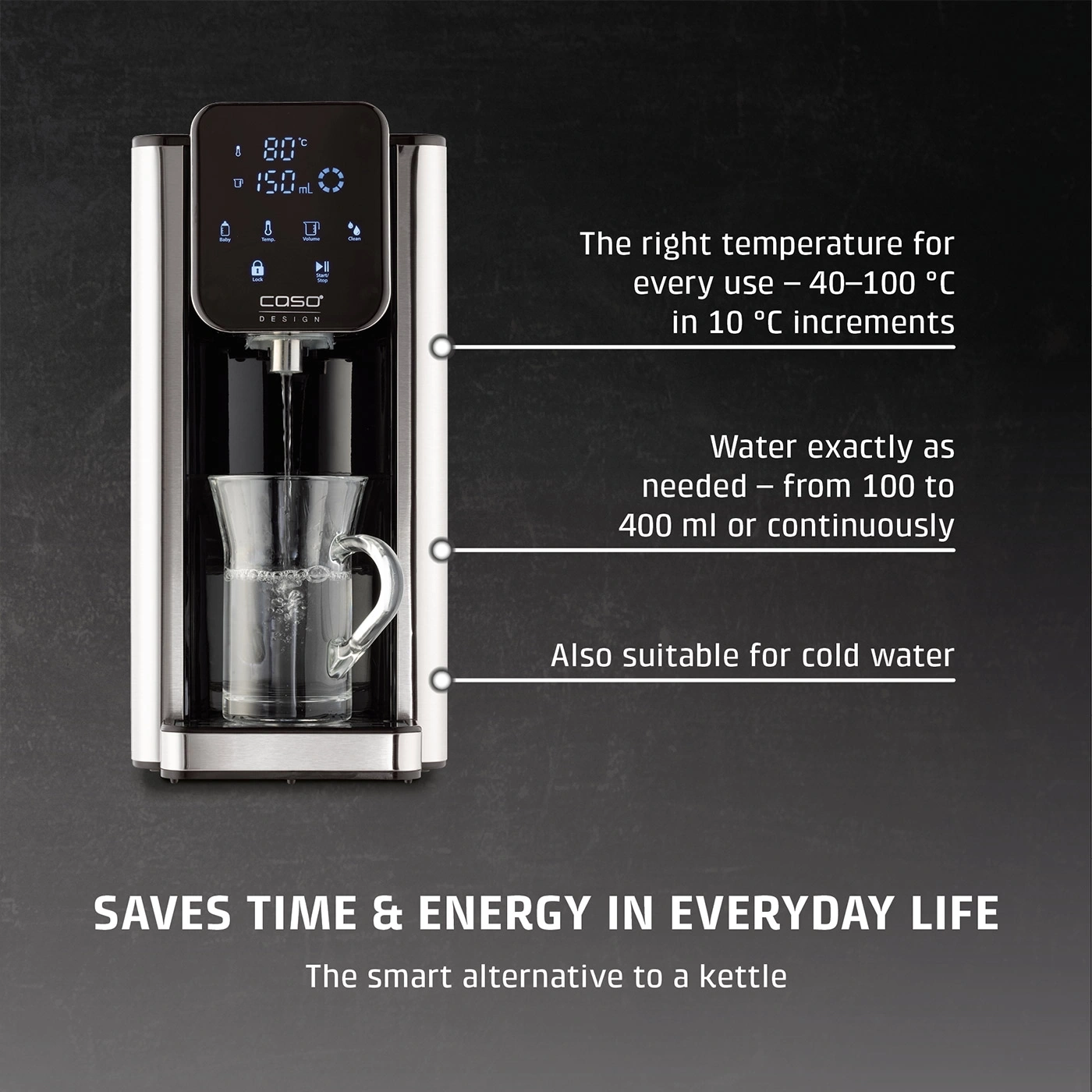 A water dispenser with a digital display and German text.