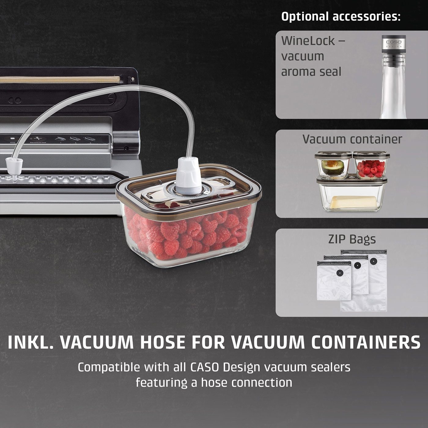 Vacuum sealer with accessories: vacuum container, zip bags, vacuum hose, wine lock.