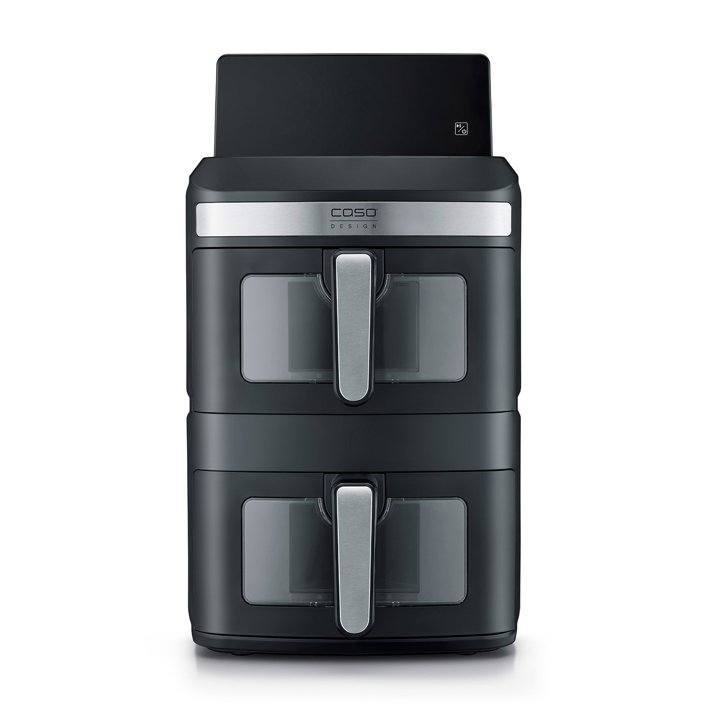 A modern, black dual air fryer tower with silver handles and viewing windows.