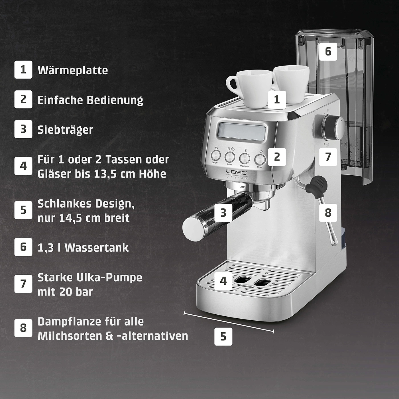 Espressomaschine mit Funktionen: Wärmeplatte, einfache Bedienung, Siebträger, Wassertank.