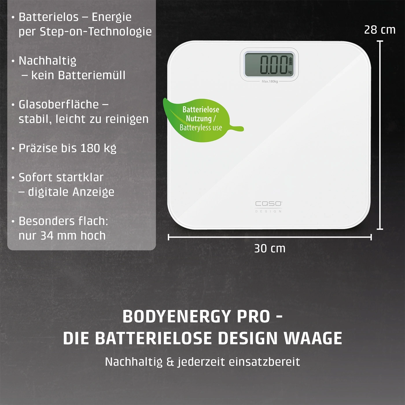 Badezimmerwaage mit digitaler Anzeige, "Batterielos"-Technologie, flaches Design