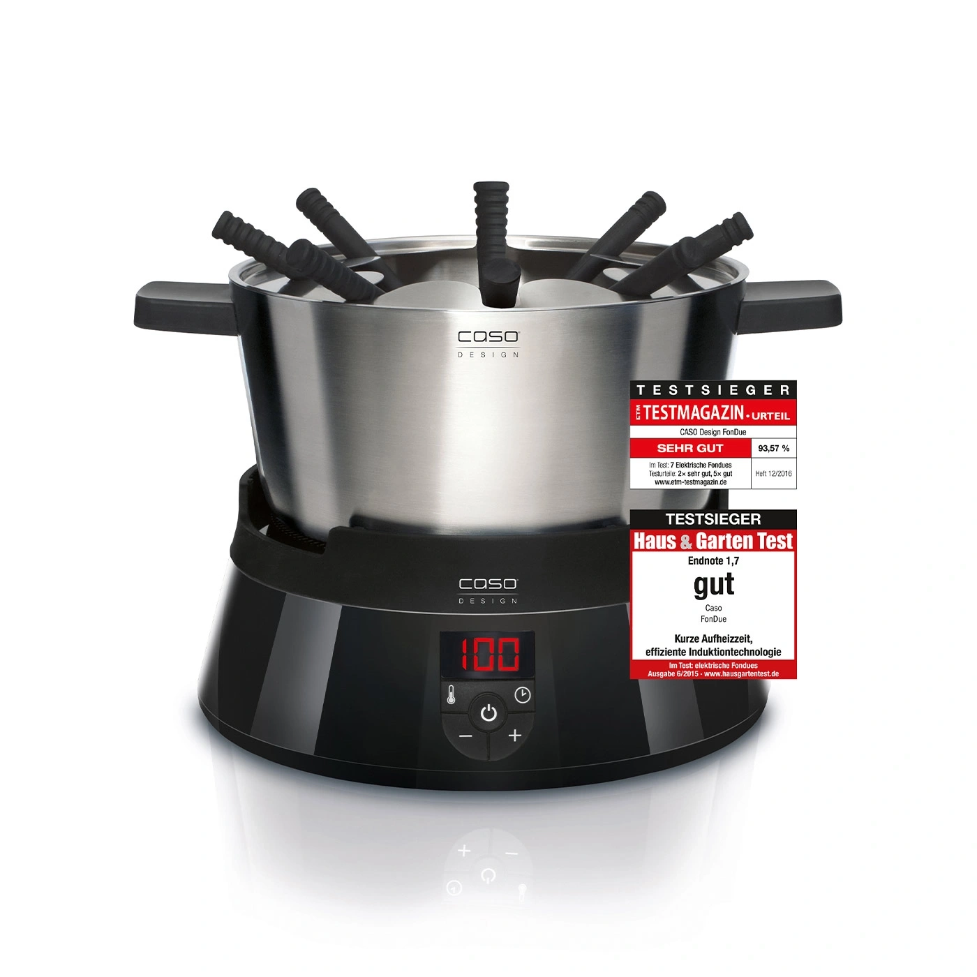 Fondue-Set von Caso Design mit digitaler Anzeige und Testergebnissen.