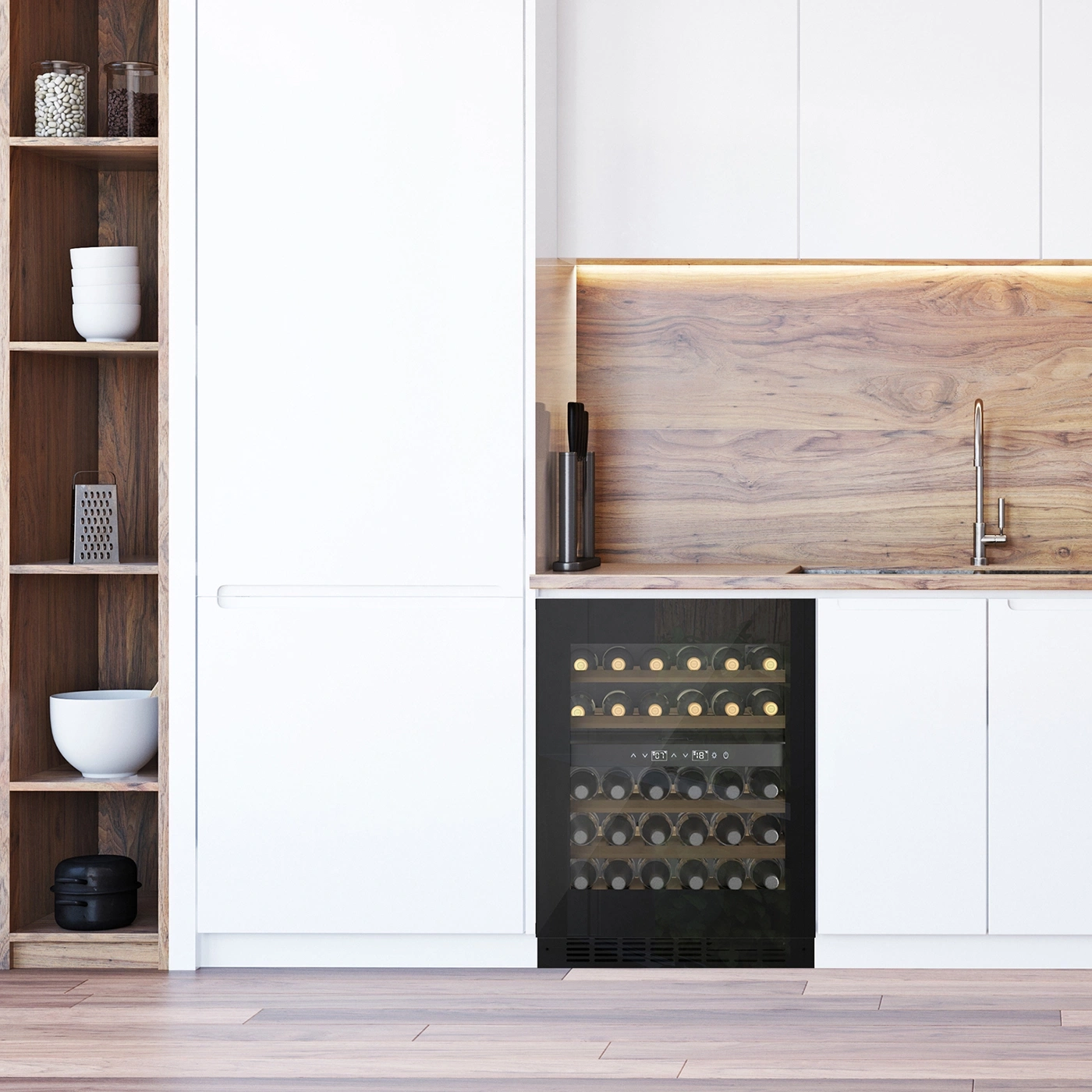 Built-in wine cooler under a wooden backsplash in a modern kitchen.