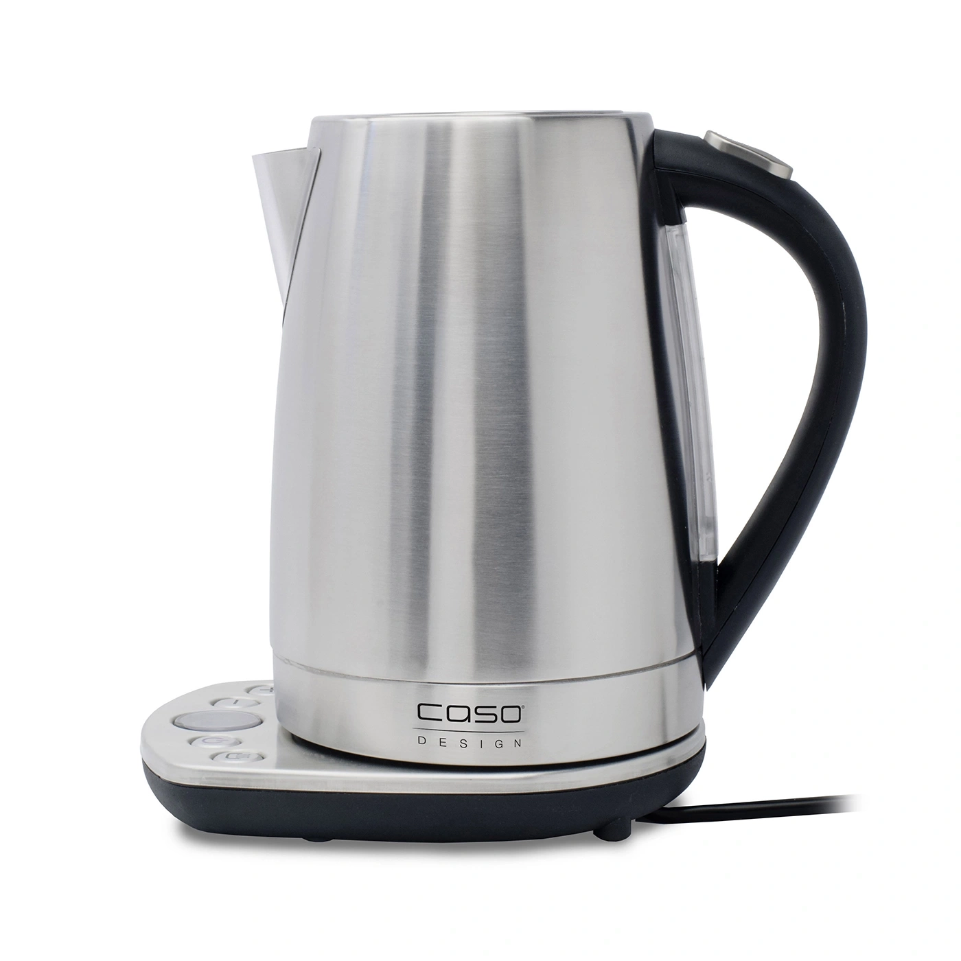 Stainless steel electric kettle with black handle and base, Caso Design.