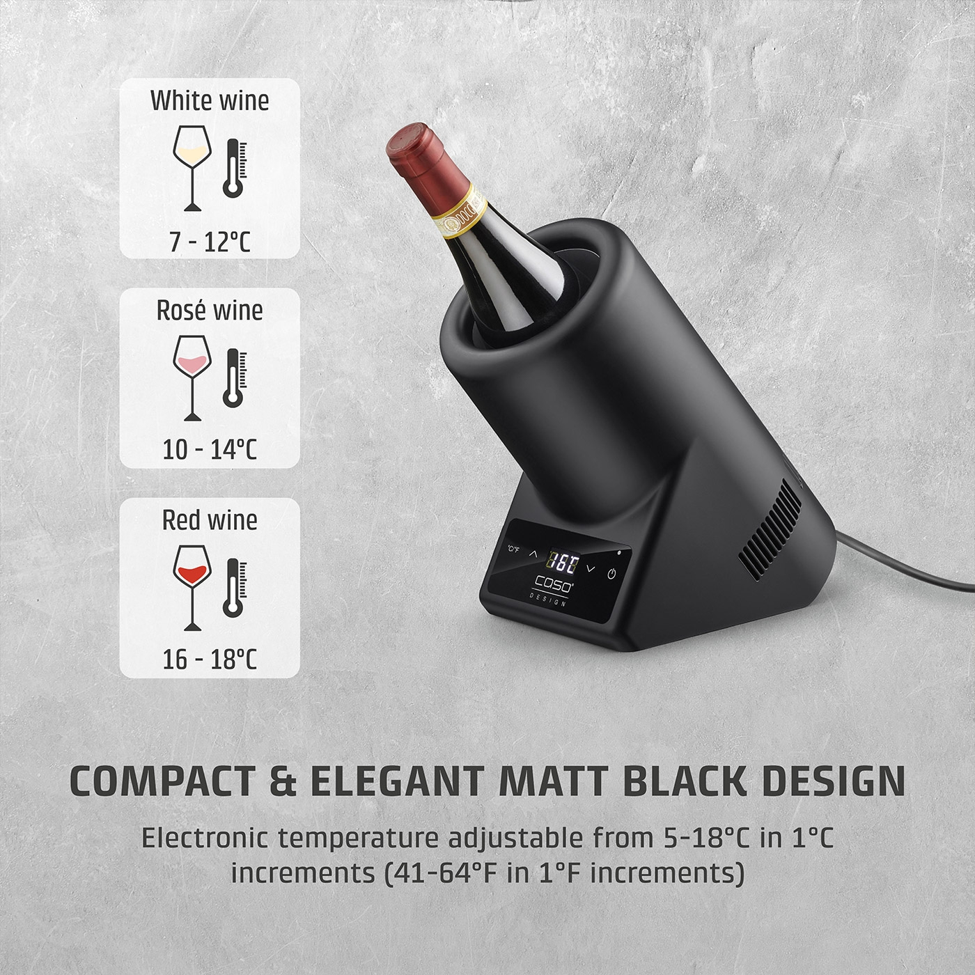 Wine cooler with temperature display for white, rosé, and red wine.