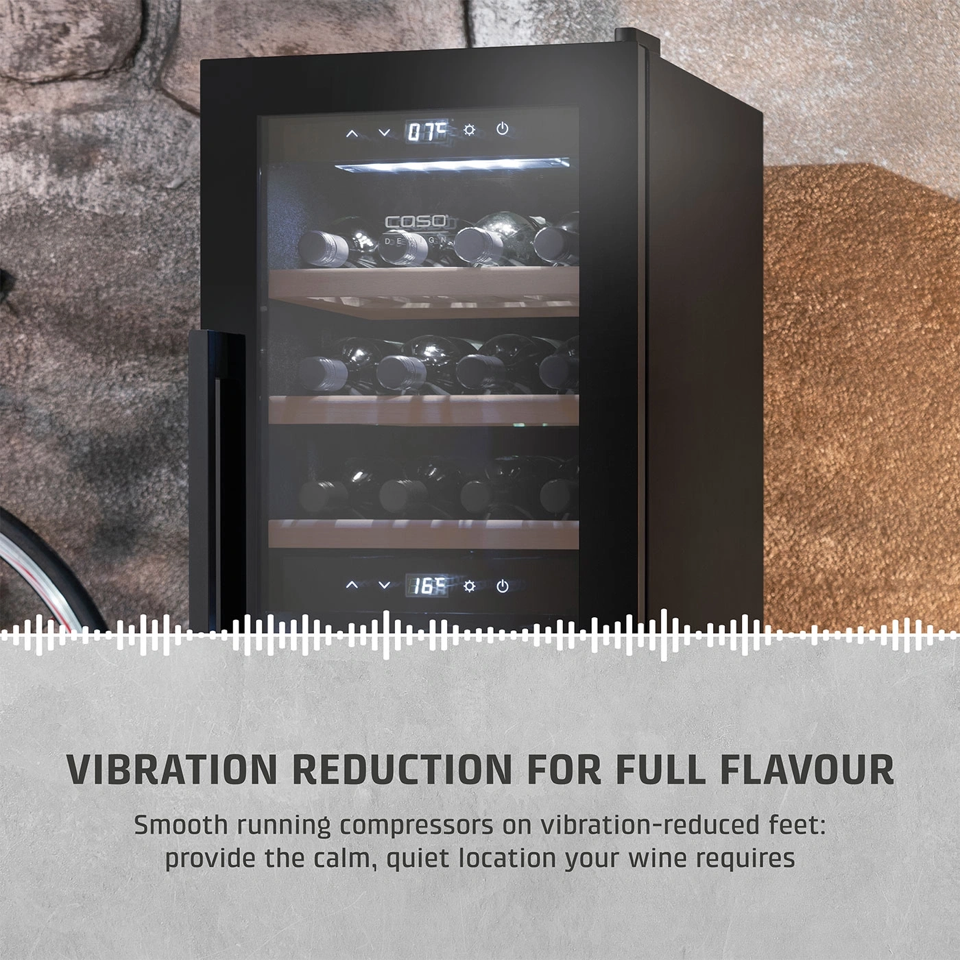 Wine cooler with text about vibration-free storage for full flavor and quality.