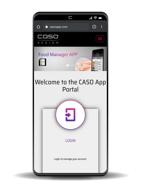 CASO App Portal with login button and Food Manager App advertisement