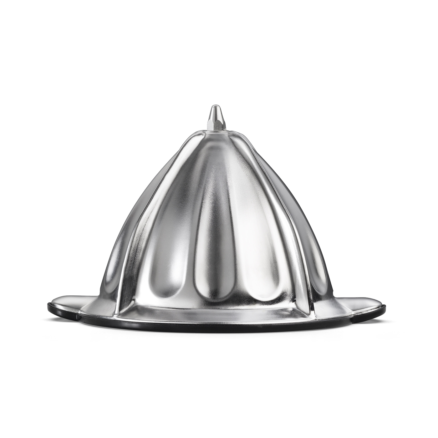Shiny silver citrus juicer attachment, cone-shaped, with black rim and a pointed top.